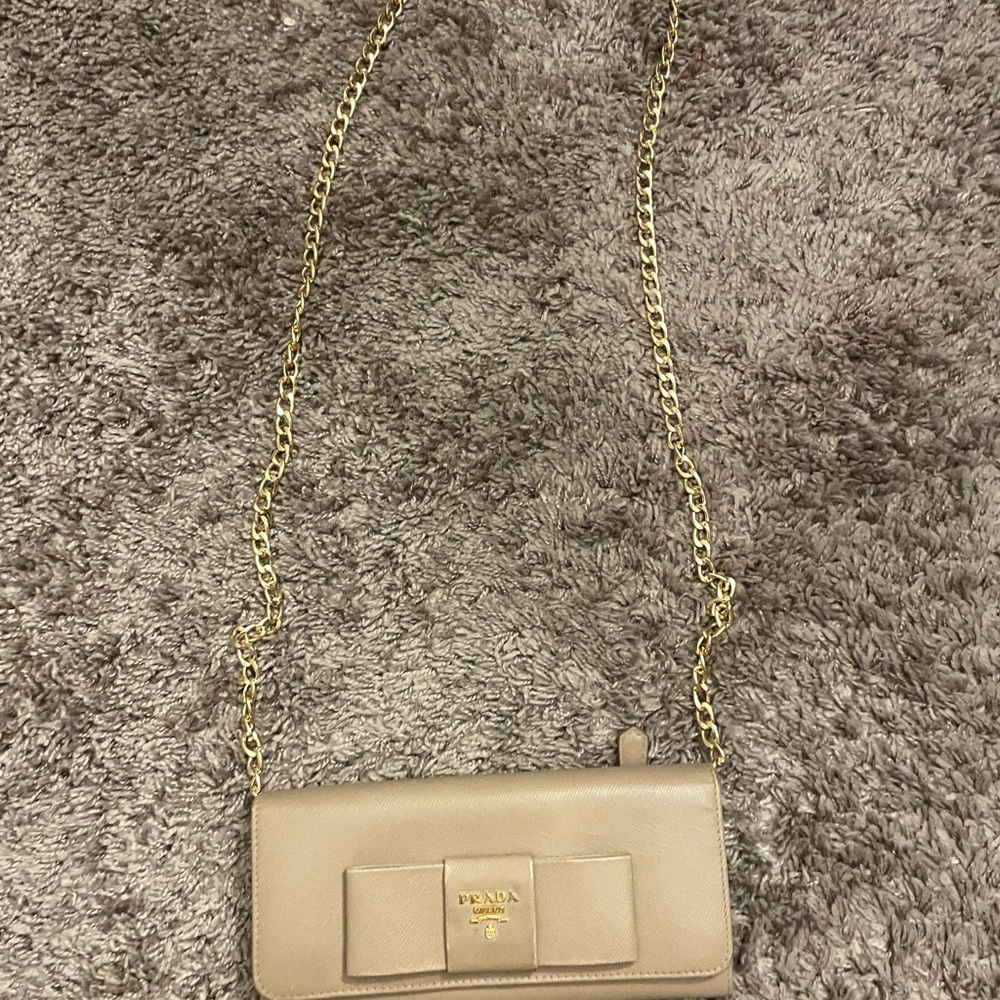 Prada Tan Clutch with Chain Strap/ wallet
